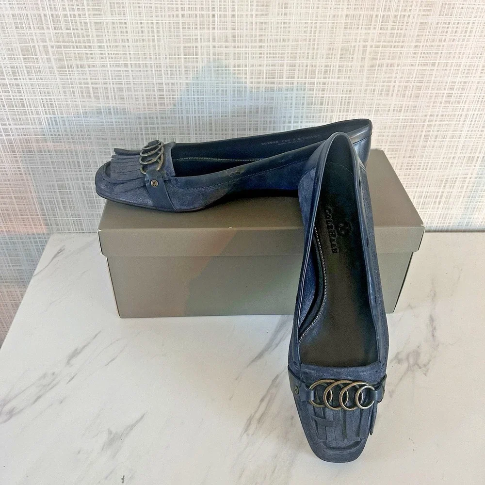 Women's Cole Haan Navy Suede Tallah‎ Moccasin Fringed Flats Sz 7B D20761
